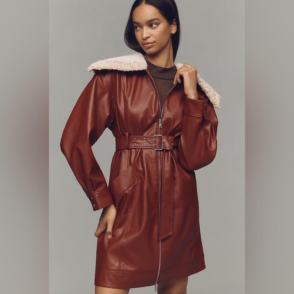 Maeve Anthropologie Faux Leather Sherpa Collar Coat Belted Red NWT Small